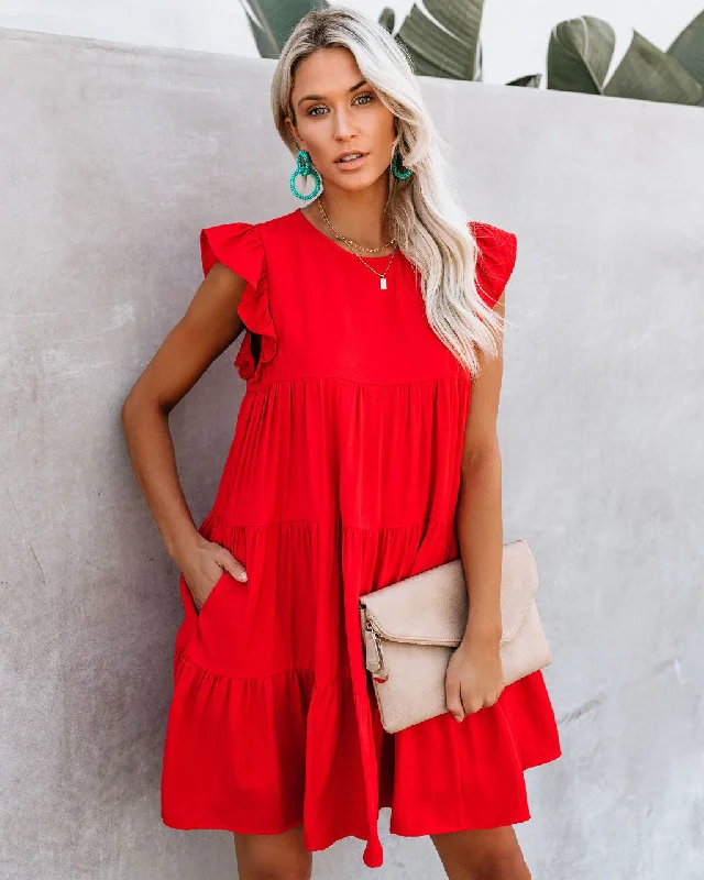Overstock East Coast Pocketed Tiered Babydoll Dress - Red