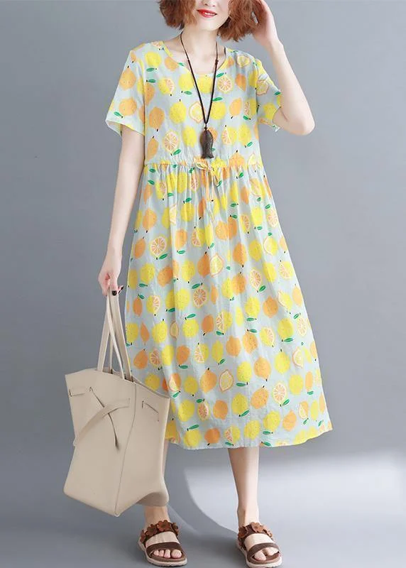 Overstock Sale Bohemian o neck drawstring cotton clothes yellow print Traveling Dress summer