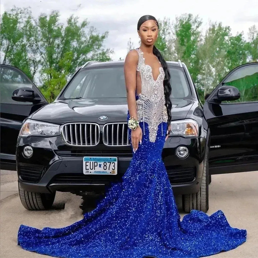 Great Deals Customized Blue Mermaid Prom Dress For Black Girls Luxury Gold Lace Appliques Sleeveless Brush Train Party Gowns robe de mariée Great Deals Customized Blue Mermaid Prom Dress For Black Girls Luxury Gold Lace Appliques Sleeveless Brush Train Party Gowns robe de mariée