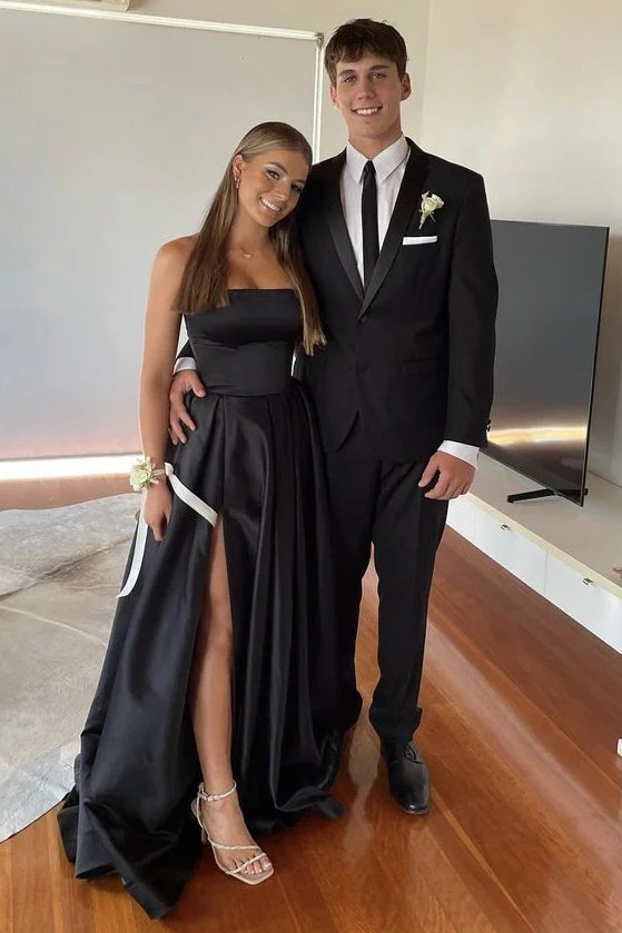 Crazy Deals Black Satin A-Line Strapless Party Prom Dress With Slit