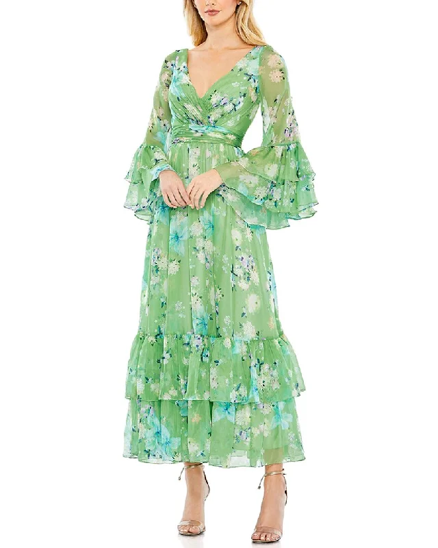 Price Buster Mac Duggal Floral Print Chiffon Wrap Flounce Dress