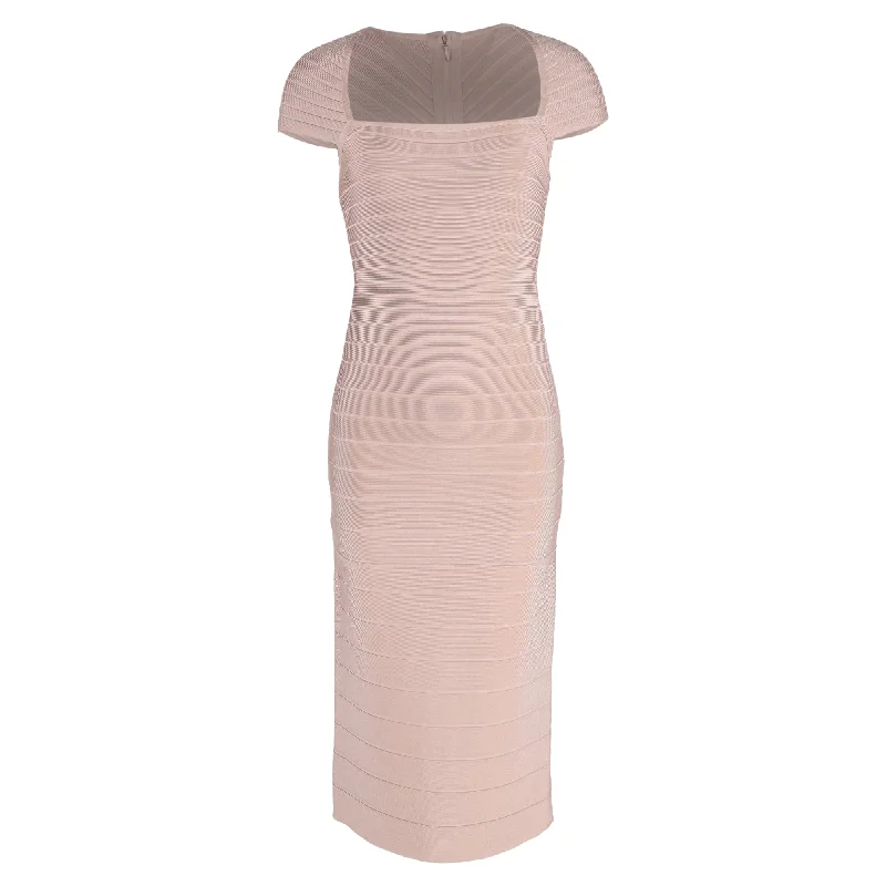 Stock Clearance Herve Leger Cap Sleeve Square Neck Bodycon Midi Dress in Pink Rayon