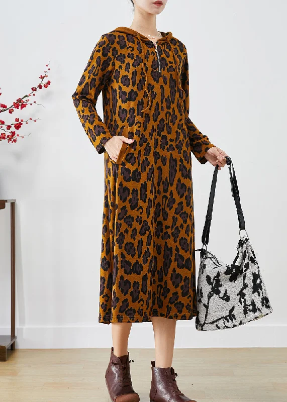 Overstock Women Brown Hooded Leopard Print Cotton Dresses Spring