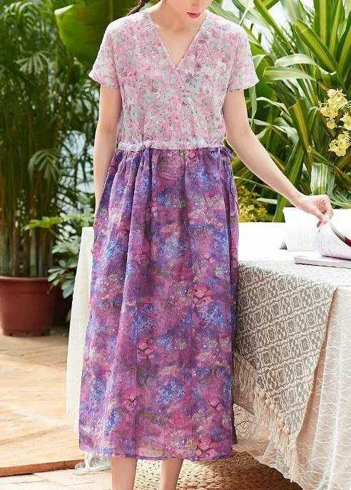 Special Price Beautiful pink print linen clothes For Women v neck patchwork long summer Dress Special Price Beautiful pink print linen clothes For Women v neck patchwork long summer Dress