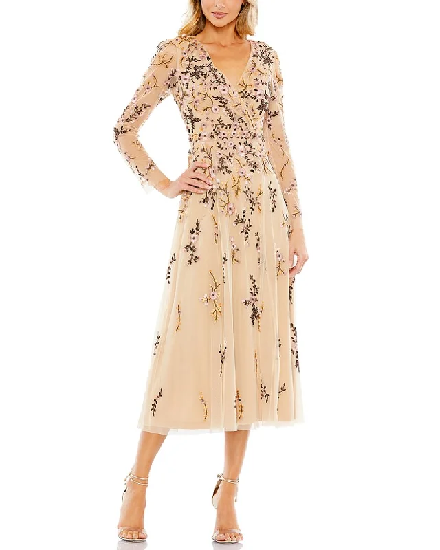 Hurry In Mac Duggal Embroidered Wrap Over Illusion Sleeve Midi Dress
