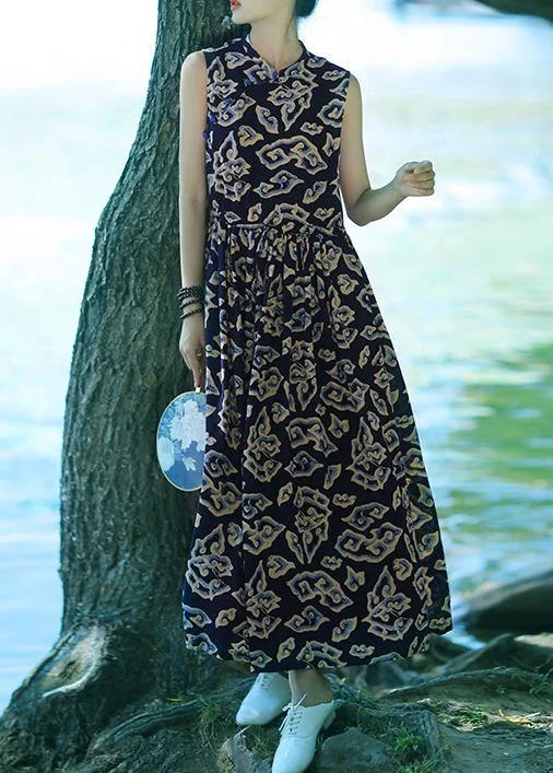 Special Promotion Chic stand collar patchwork cotton clothes Women pattern dark blue print A Line Dress summer