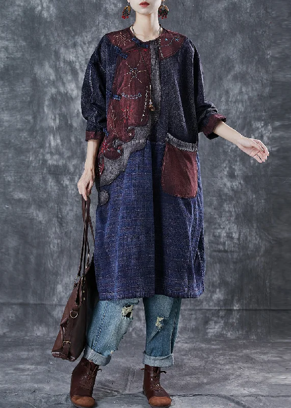 Can't Miss Women Navy Embroidered Patchwork Applique Denim Oriental Dresses Spring