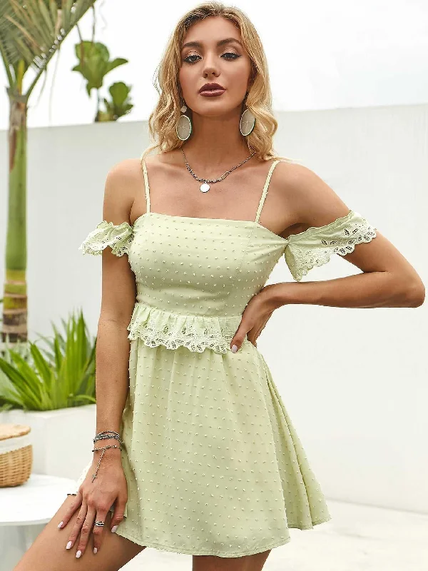 Season Finale Sale KittenAlarm - Off Shoulder Ruffle Detail Lace Trim Cami Dress