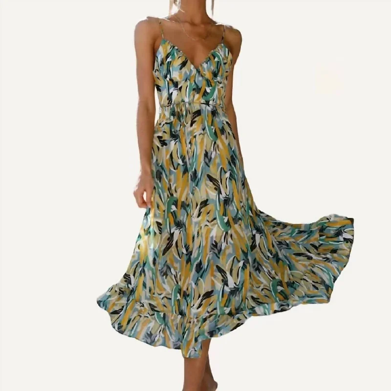YEAR-End Clearance Pattern V Neck Spaghetti Straps Midi Dress In Green Multi