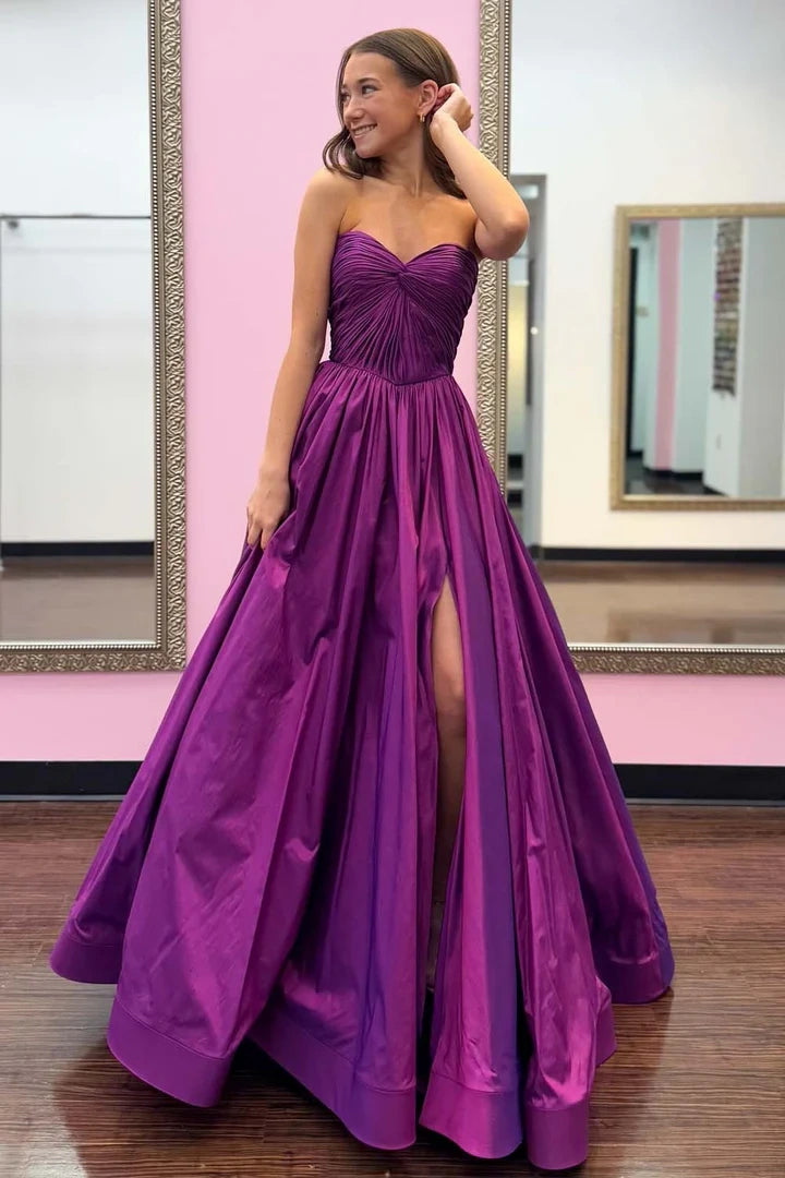 Holiday Sale Grape Satin A-Line Empire Strapless Party Prom Dress