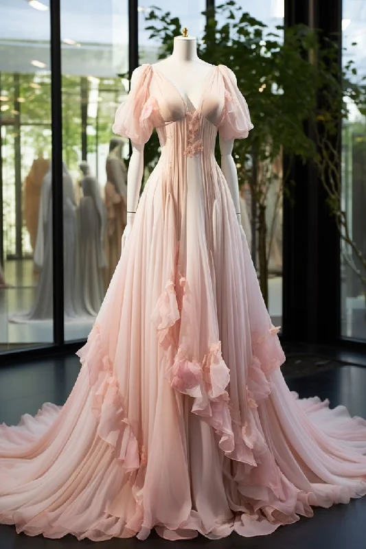 Seasonal Clearance Pink A-Line Puffy Sleeves Ruffles Chiffon Long Formal Evening Party Dress, DP4449 Seasonal Clearance Pink A-Line Puffy Sleeves Ruffles Chiffon Long Formal Evening Party Dress, DP4449