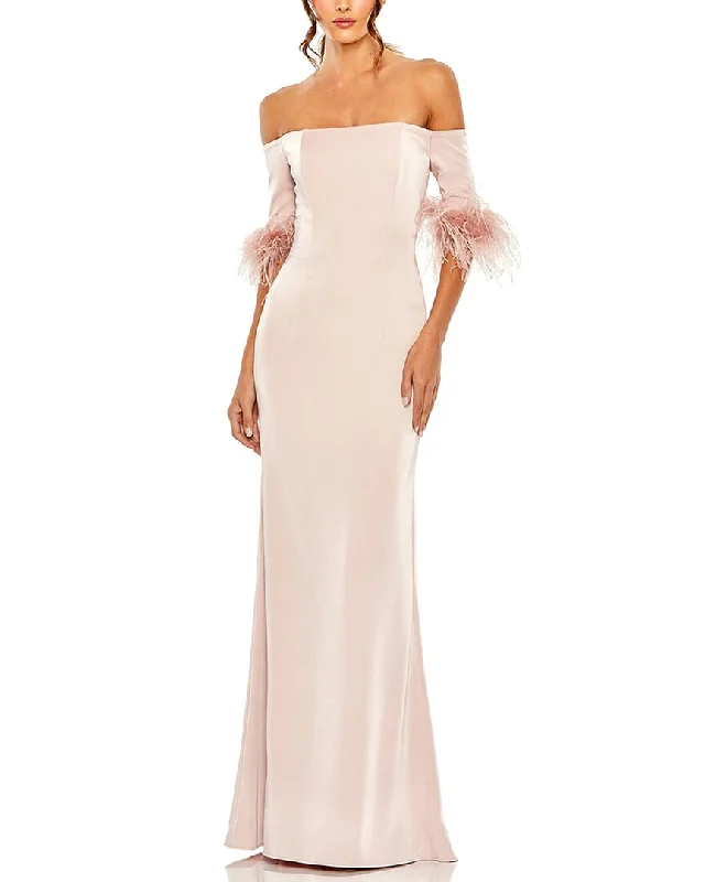 Act Fast Mac Duggal Feather Trim Off-The-Shoulder Column Gown