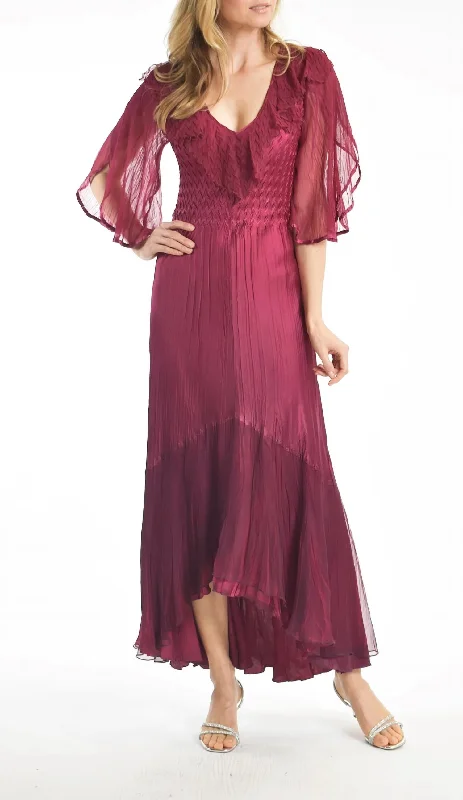 Warehouse Sale 3/4 Tulip Sleeve Ruffle Neck Dress In Red Plum Orchid Ombre