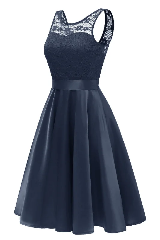 Great Bargains Illusion Neck Dark Navy Short Party Dress with Ribbon