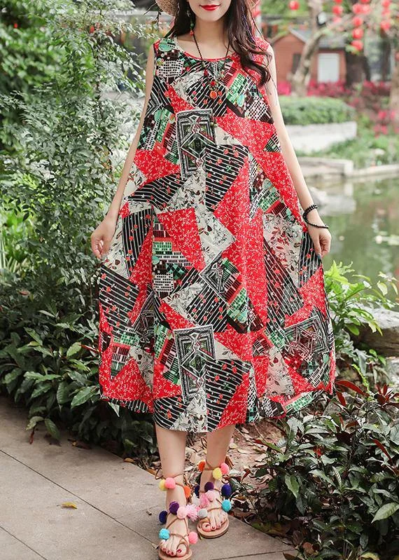 Unbeatable Prices Bohemian red print cotton clothes Women sleeveless tie waist A Line summer Dresses Unbeatable Prices Bohemian red print cotton clothes Women sleeveless tie waist A Line summer Dresses