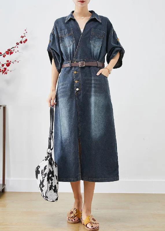 New Markdowns Plus Size Navy V Neck Denim Holiday Dress Spring