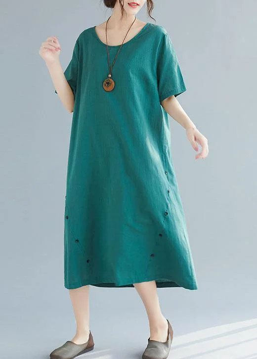 Crazy Deals Elegant green Button decorated linen dresses wild summer Dresses