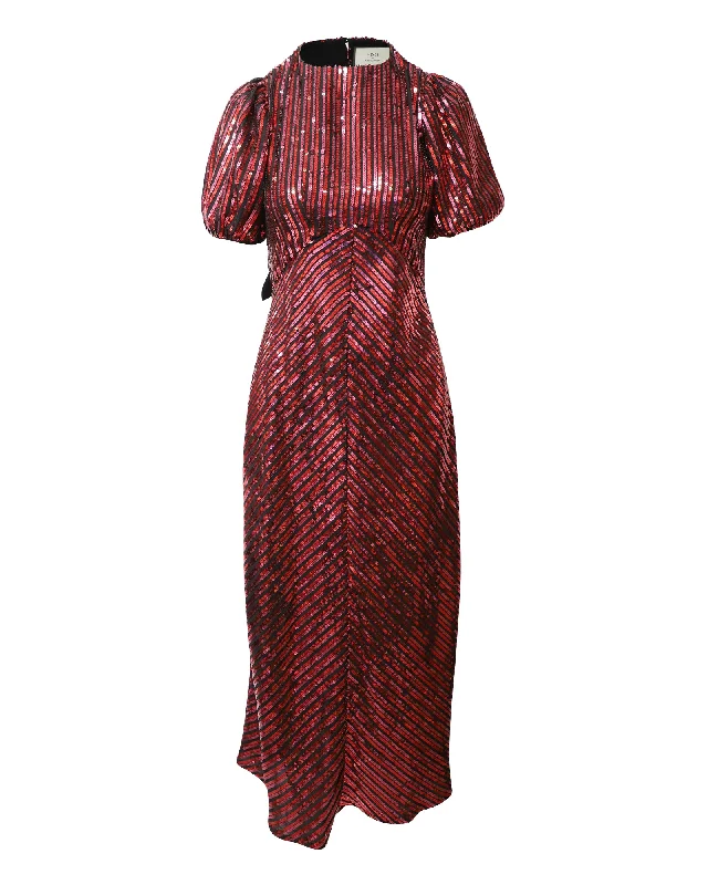 Limited Stock RIXO + Laura Jackson Daisy Velvet-Trimmed Sequined Evening Dress in Burgundy Sequin