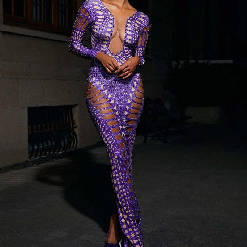 Sale Event KittenAlarm - Gertie Purple Rhinestone Cutout Maxi Dress