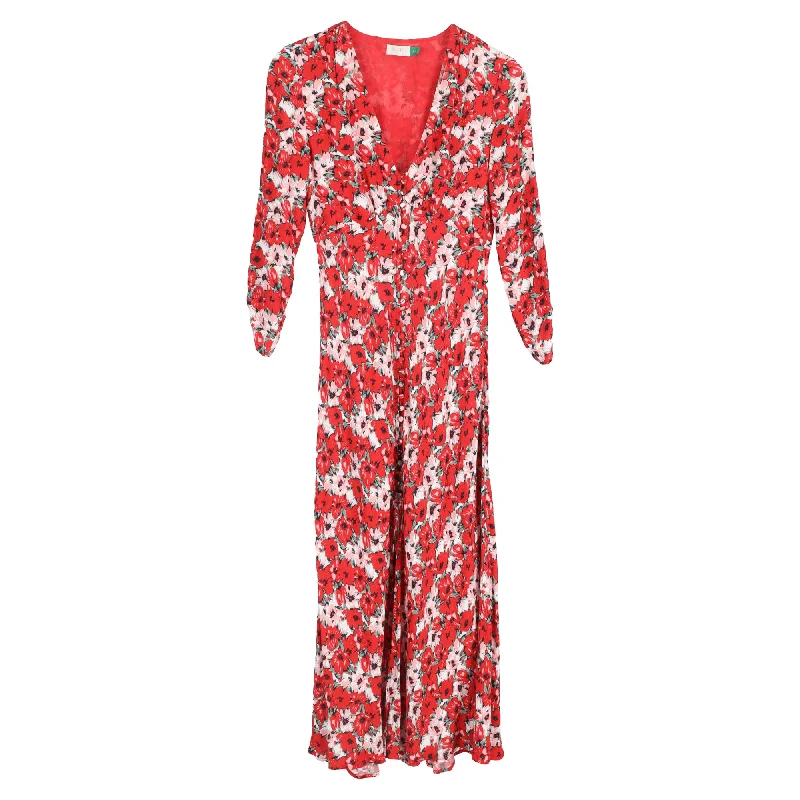 Overstock Rixo Katie Floral Printed V-Neck Midi Dress in Red Viscose