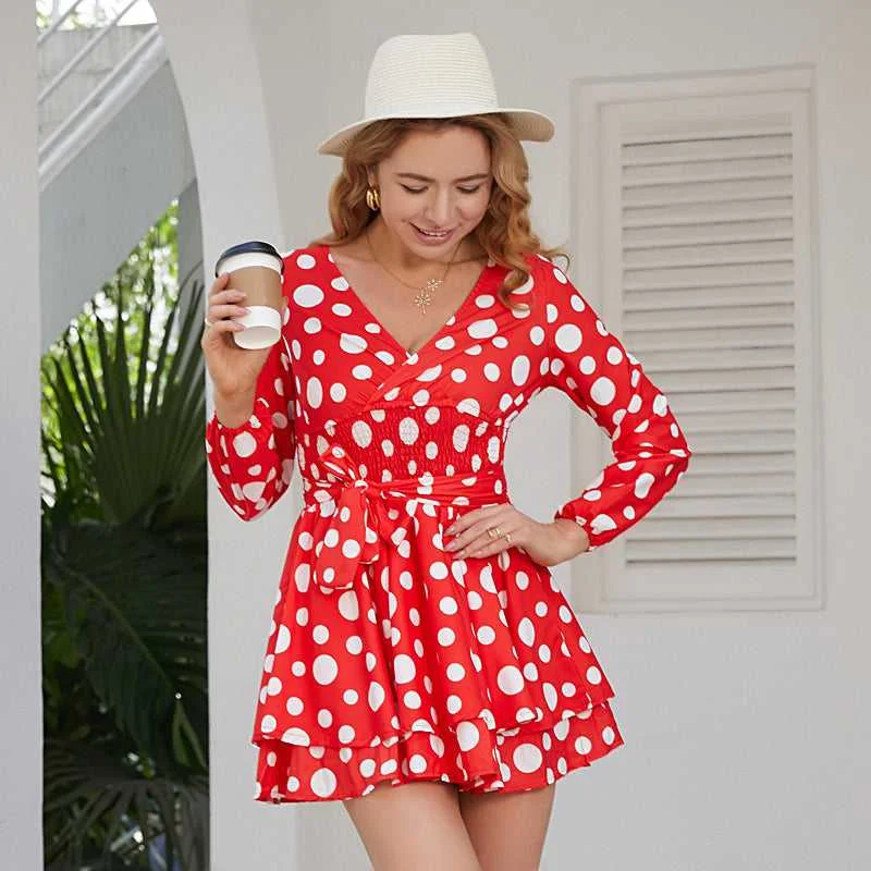 Final Sale KittenAlarm - Vintage Polka Dot Printed Long Sleeve V-neck Mini Dress