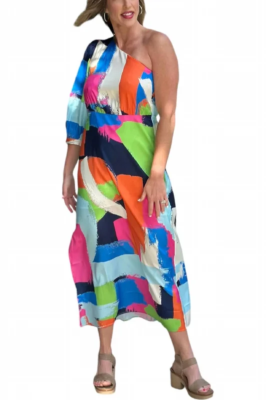 Amazing Deals One Shoulder Midi Dress In Multi Brushed