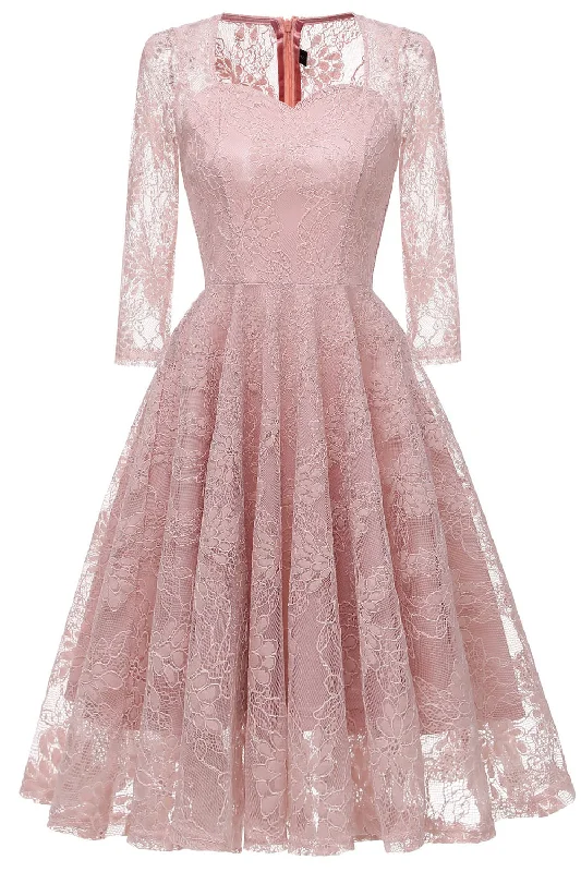 Crazy Deals Sheer Long Sleeves Pearl Pink Lace Party Dress