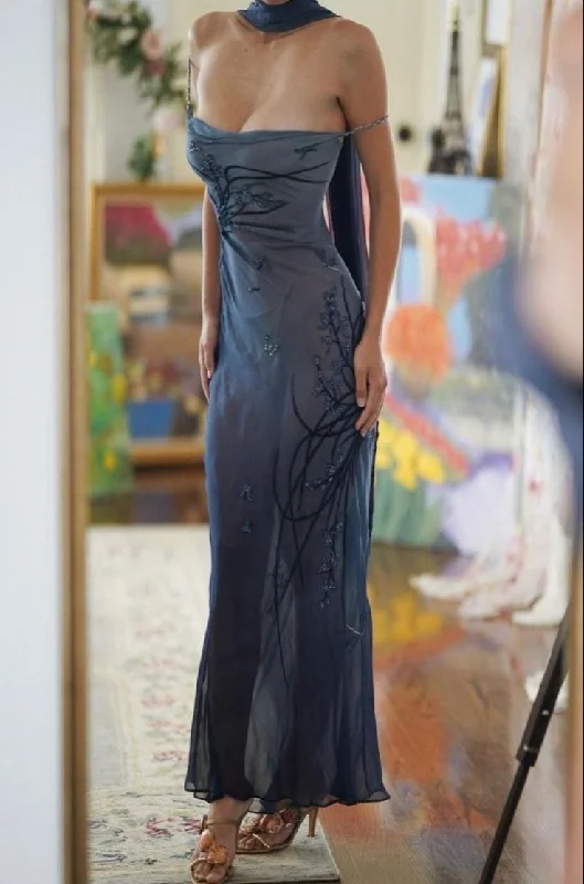 Online Exclusive Navy Blue Spaghetti Straps Beading Vintage Long Evening Dress, DP4455 Online Exclusive Navy Blue Spaghetti Straps Beading Vintage Long Evening Dress, DP4455