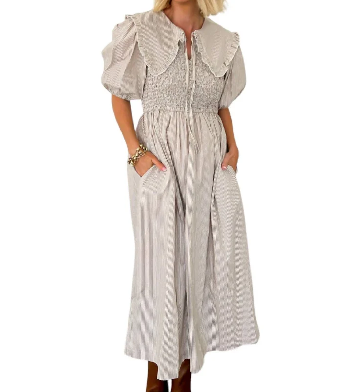 Season Finale Sale Meet Me Halfway Smocked Midi Dress In Tan Striped