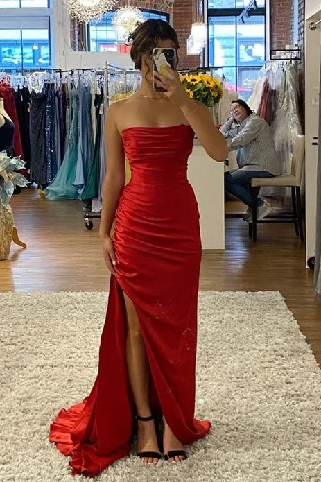 Limited Time Empire Strapless Satin Party Prom Dress With Slit