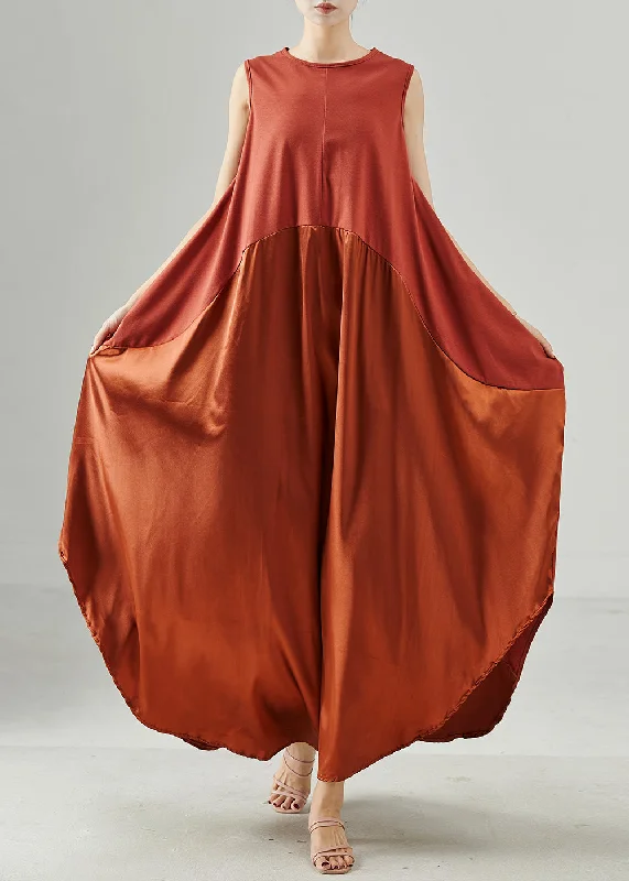 Act Fast Stylish Orange Oversized Patchwork Silk Vacation Dresses Sleeveless