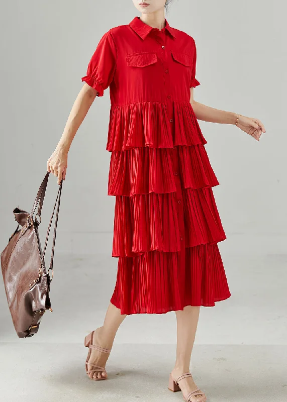 YEAR-End Sale Chic Red Peter Pan Collar Patchwork Chiffon Dress Summer