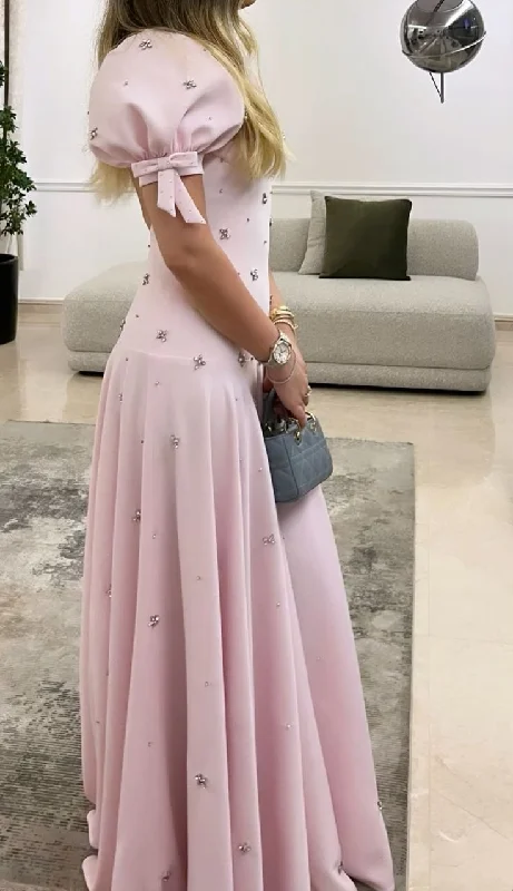 Price Fest Lovely Pink A-Line Puffy Sleeves Beading Long Party Dress Birthday Outfits, DP4442 Price Fest Lovely Pink A-Line Puffy Sleeves Beading Long Party Dress Birthday Outfits, DP4442