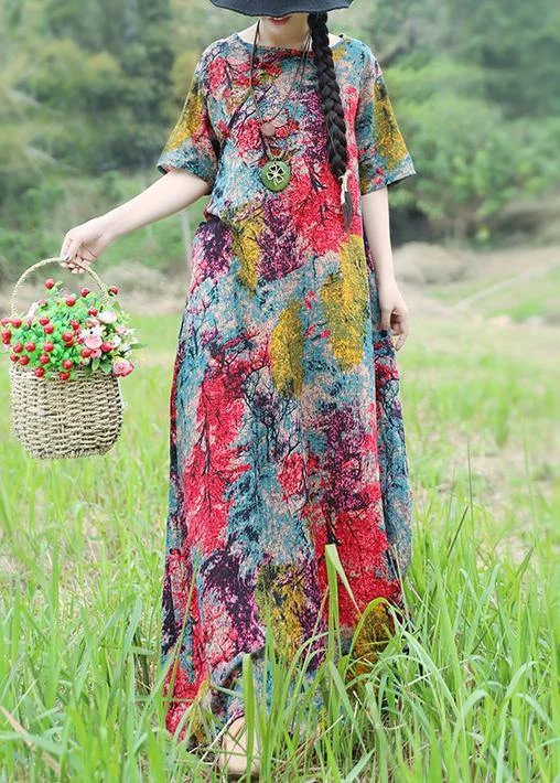 Year-End Sale Classy o neck cotton linen Robes Fitted Photography red yellow floral cotton robes Dresses Summer