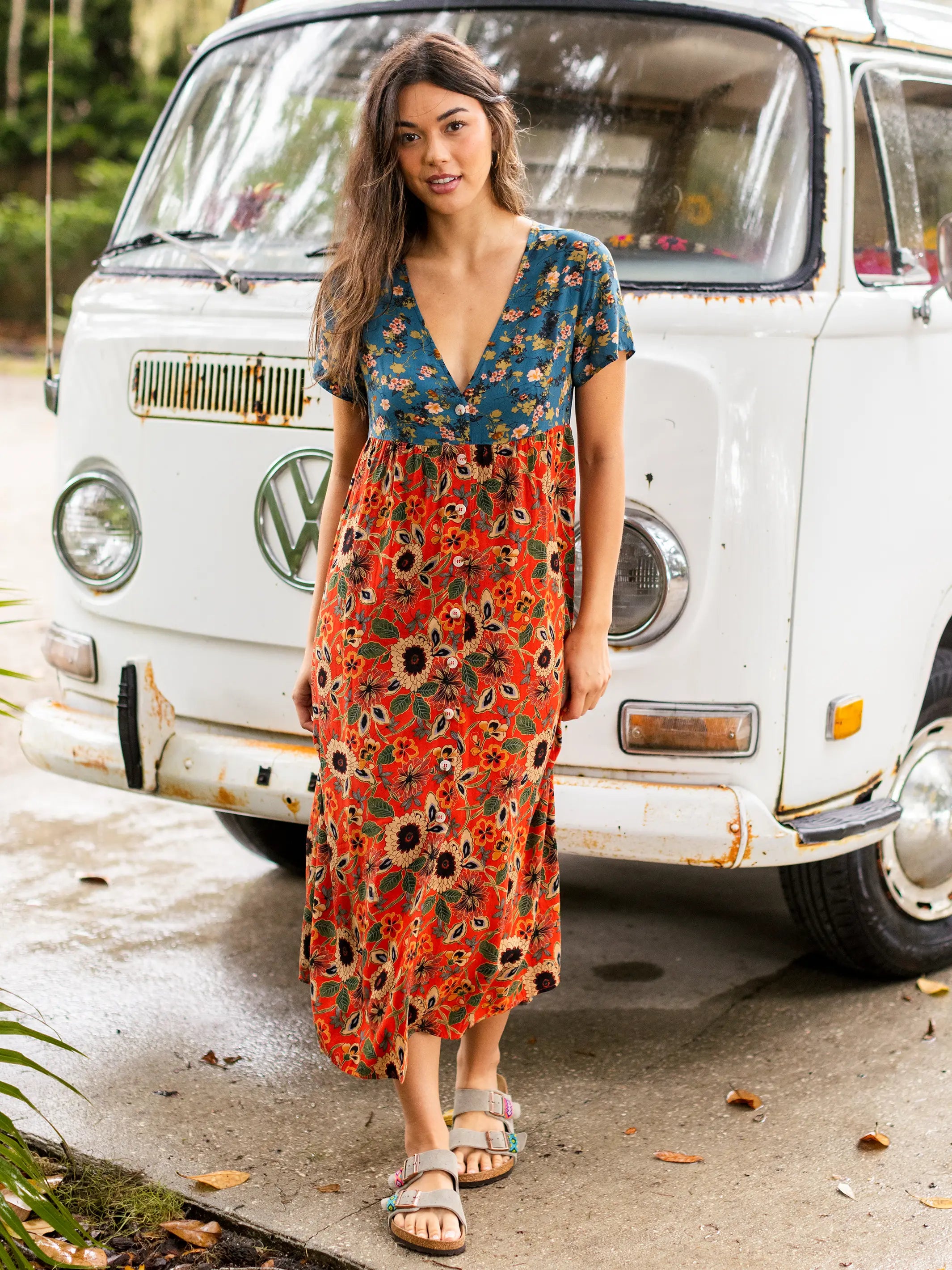 Today Only Avery Midi Dress - Teal Orange Mixed Floral