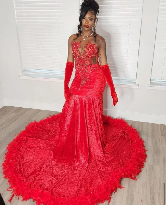 Now or Never Exquisite Velvet Mermaid Gown with Feather Trim and Beaded Appliqué