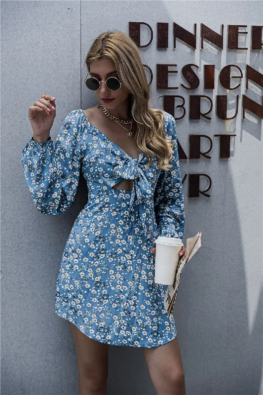YEAR-End Sale Springsteen Floral Tie Front Cutout Dress - Blue