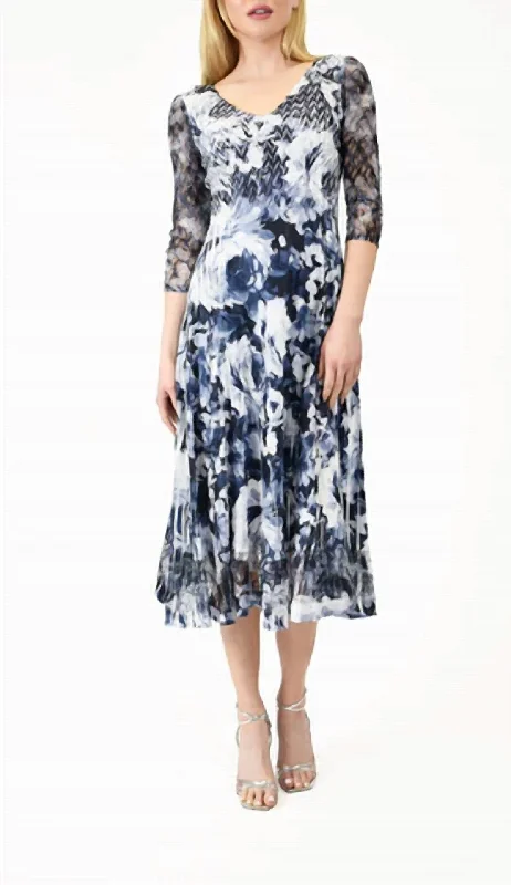 Exclusive Savings Lace Sleeve Charmeuse Dress In Watercolor Blossom