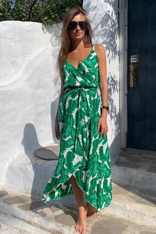 Final Clearance V-Neck Long Wrapped Green Summer Dress