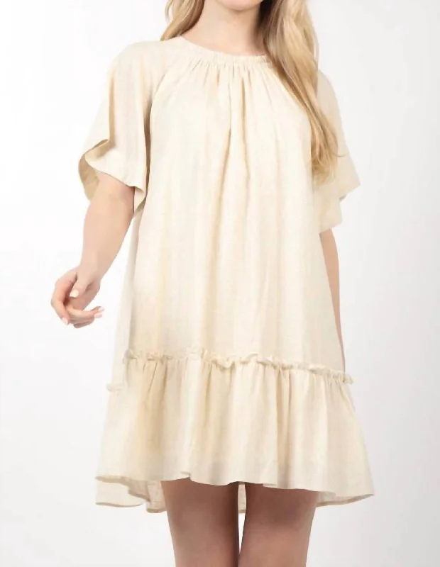 Lowest Prices Round Neck Comfy Woven Mini Dress In Oatmeal
