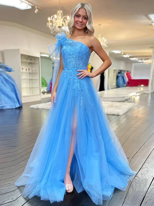 Price Fest Elegant Blue One Shoulder A-Line Tulle Lace Long Party Dress, DP2067