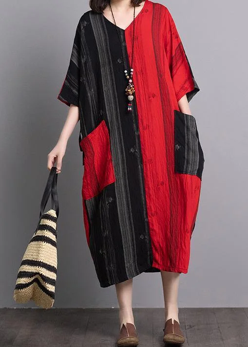 Value Deals Classy v neck pockets linen outfit Sewing black red patchwork Dresses summer