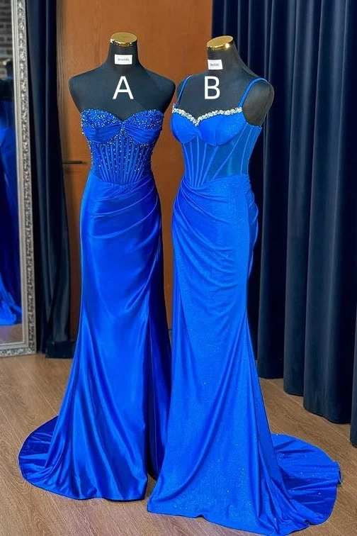 Price Break Royal Blue Mermaid Empire Ruched Beaded Party Prom Dress