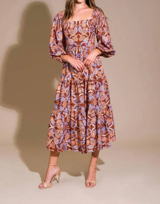 Act Fast A Printed Woven Midi Dress In Brown Blue