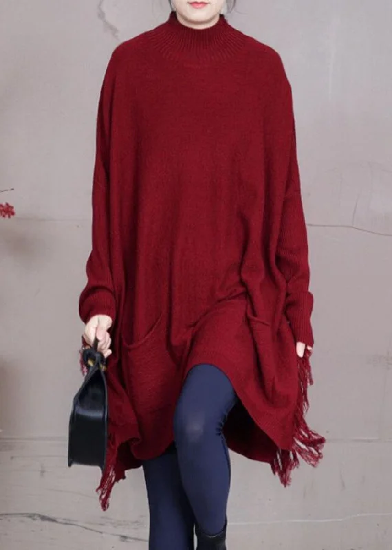 Don’t Miss Out Loose Red Tasseled Pockets Knit Sweater Dress Spring