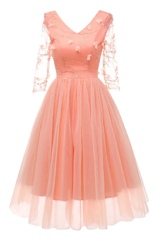 Don't Wait Illusion Sleeves Pearl Pink Chiffon Party Dress