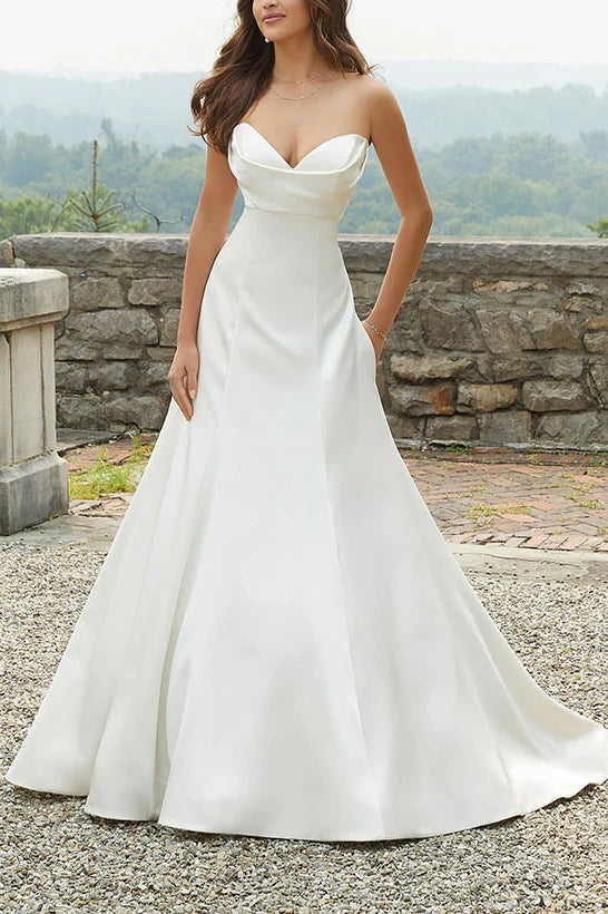 Price Reduction Sweetheart Strapless Satin A-Line Wedding Dress With Train