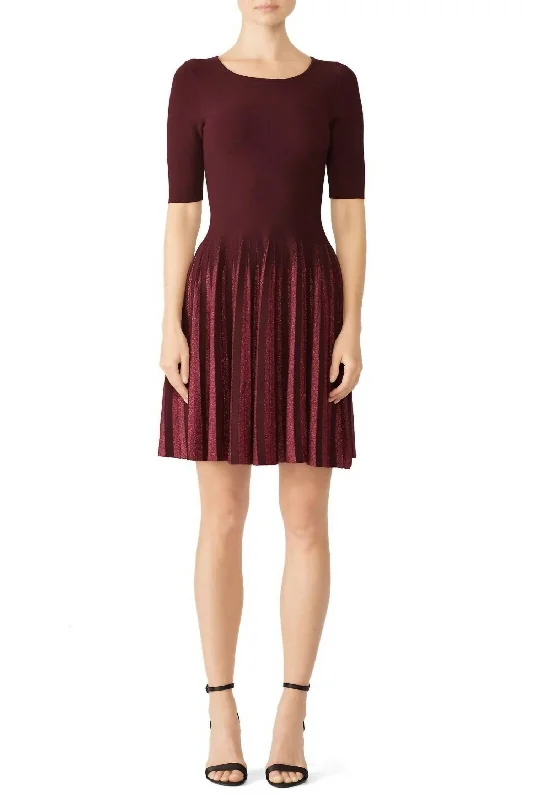 Special Price Lurex Pleated Sweater Knit Dress In Berry Burgundy Red