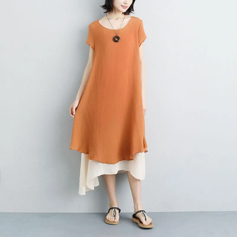 Value Deals fashion linen sundress plus size False Two-piece Short Sleeve Orange Plain Dress Value Deals fashion linen sundress plus size False Two-piece Short Sleeve Orange Plain Dress