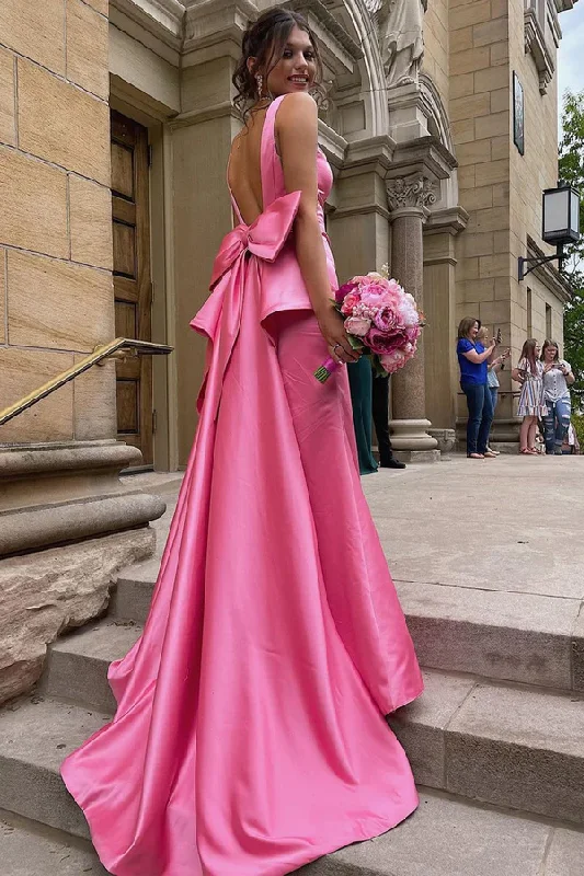 Deal Alert Pink V Neck Backless Long Prom Dress with Slit, DP2064